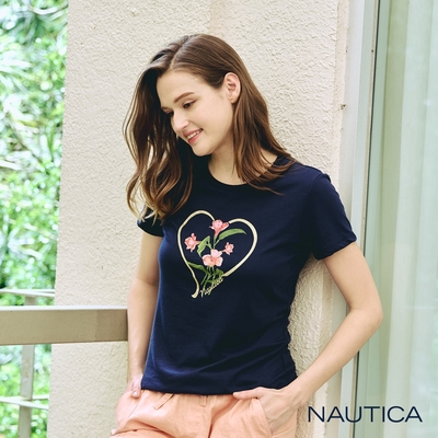 Nautica女裝 夏日花卉印花短袖T恤-深藍色