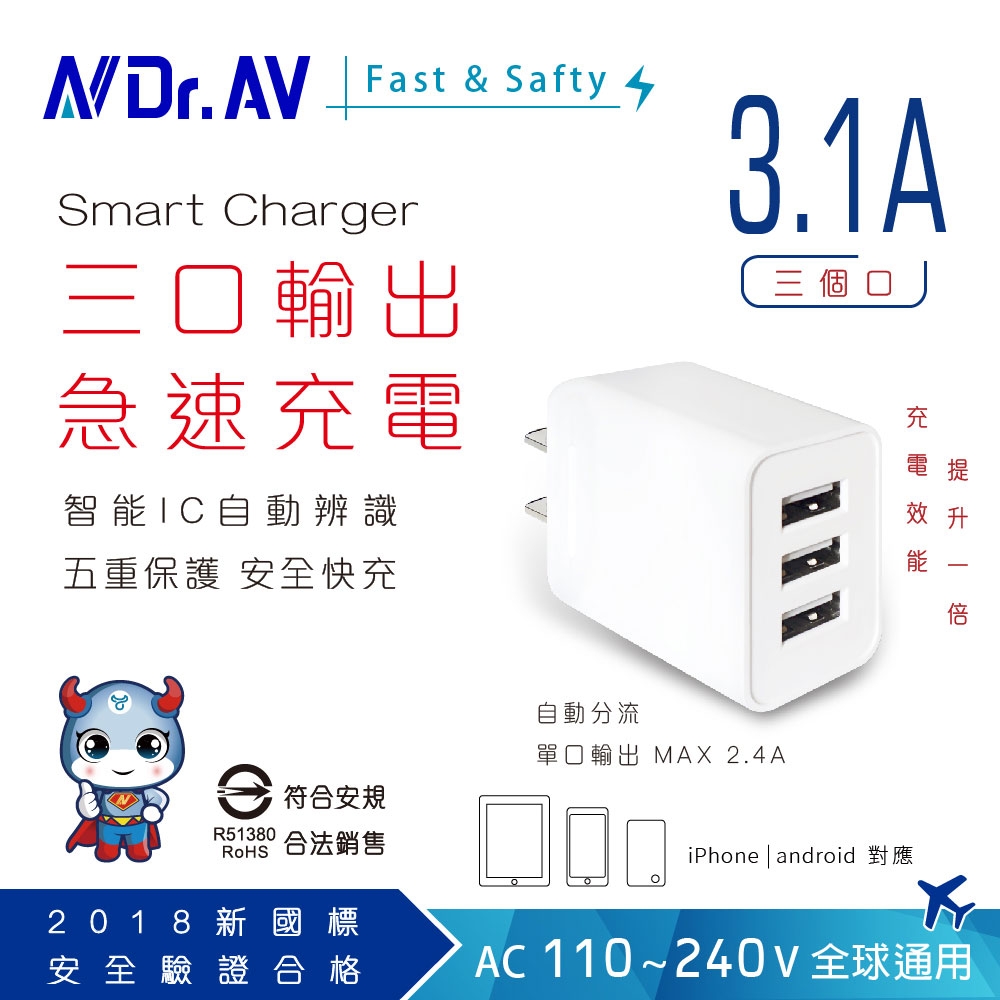 【N Dr.AV聖岡科技】 USB-533 3.1A USB三孔極速充電器
