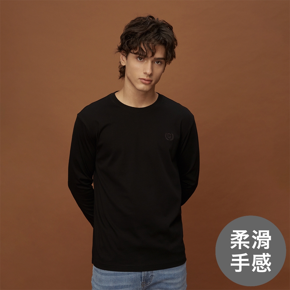 GIORDANO 男裝絲光柔滑長袖上衣 - 09 標誌黑