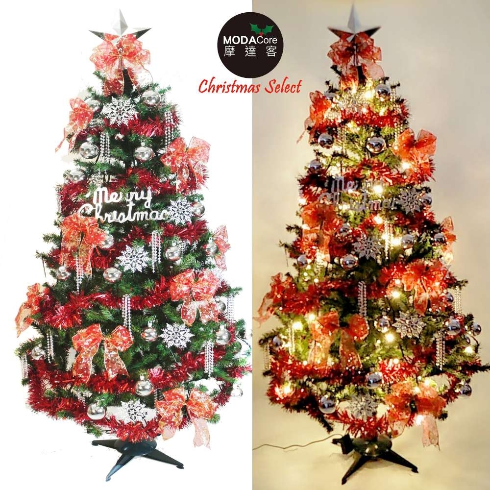 摩達客 幸福6尺一般型裝飾綠色聖誕樹+銀雪花紅系配件+100燈LED燈暖白光1串-附控制器