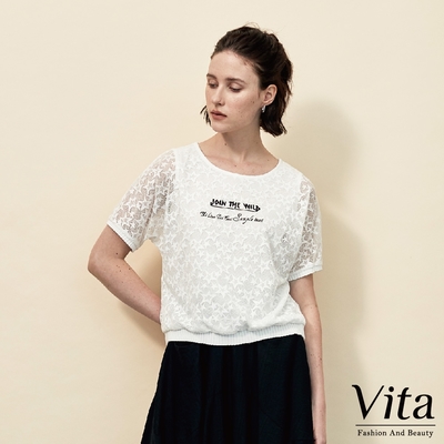 【Vita】棉質純色圓領星星刺繡透膚雙層上衣-白