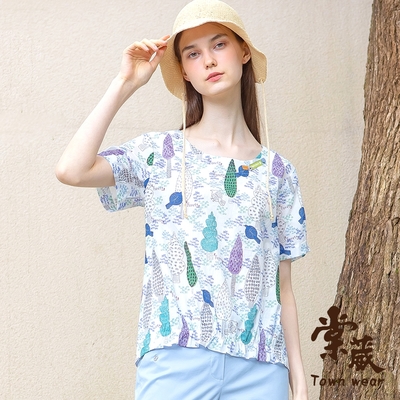 【TOWNWEAR棠葳】森林系滿版印花純棉上衣(女上衣/女上著/短袖/鑽飾/印字)