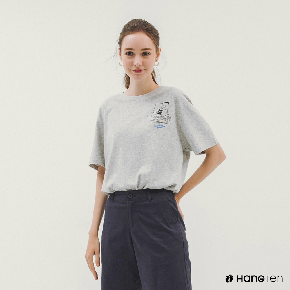 Hang Ten-中性款-Big Blue有機棉前胸印花短袖T恤-灰