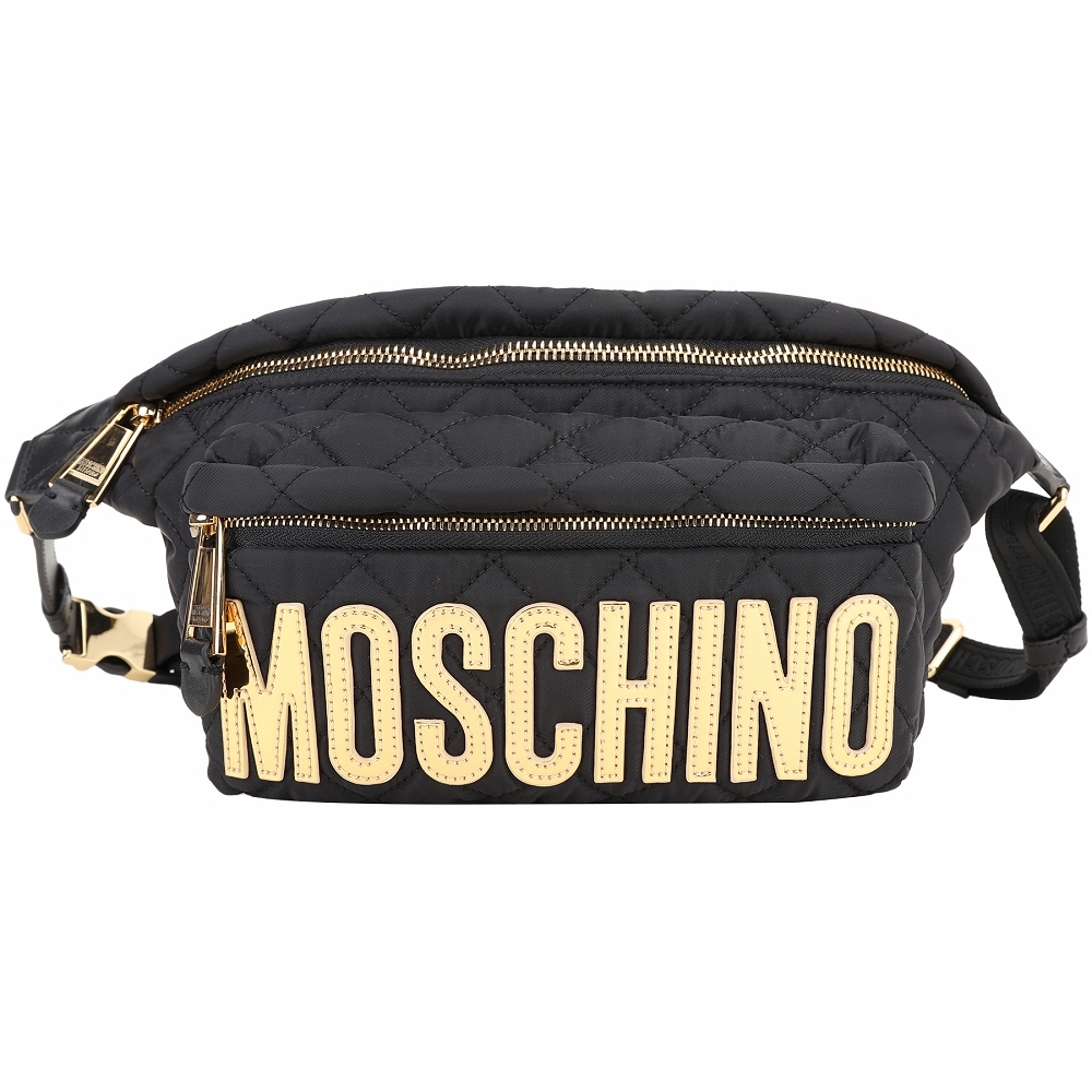 MOSCHINO LOGO 金色字母菱格衍縫尼龍胸口包/肩背包(黑色)