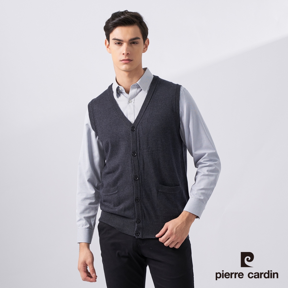 Pierre Cardin皮爾卡登 男款 羊毛混紡素色V領開釦毛衣背心-深灰色 (7225463-95)