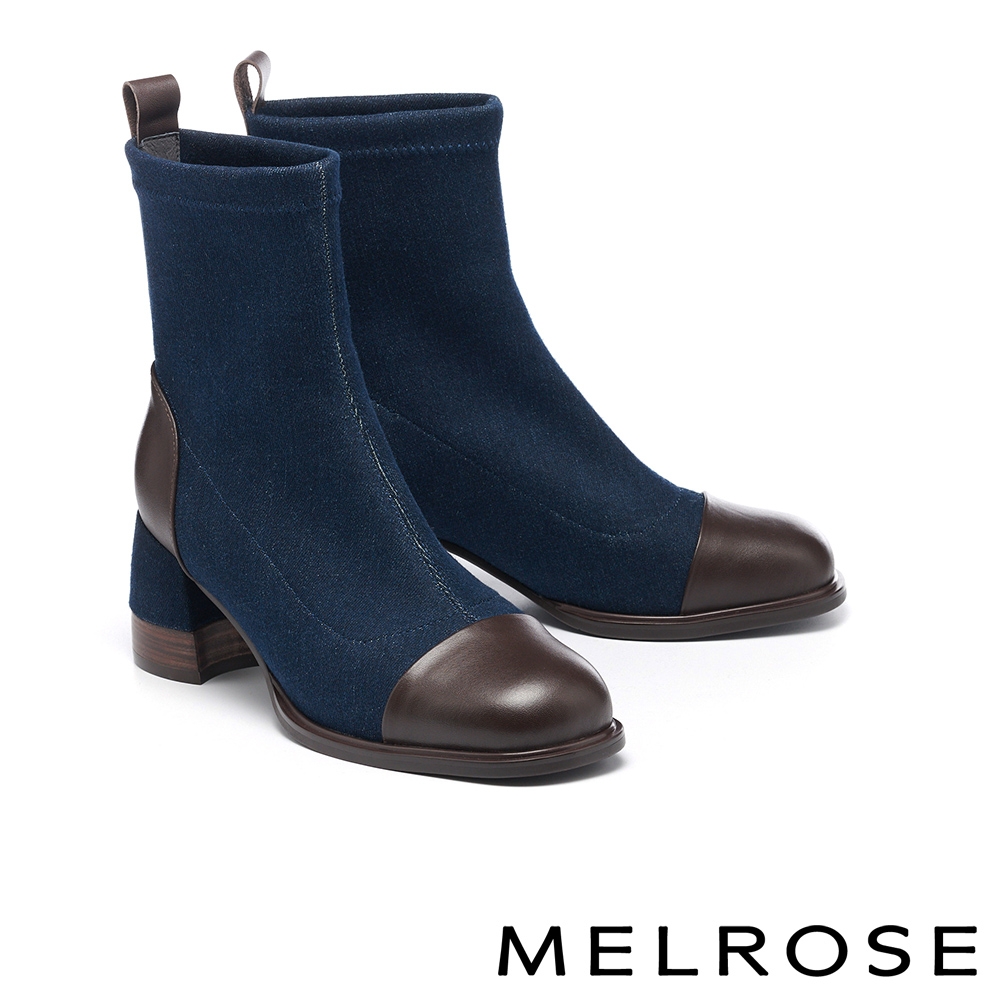 短靴 MELROSE 美樂斯 率性時髦丹寧拼接牛皮方頭高跟短靴－藍