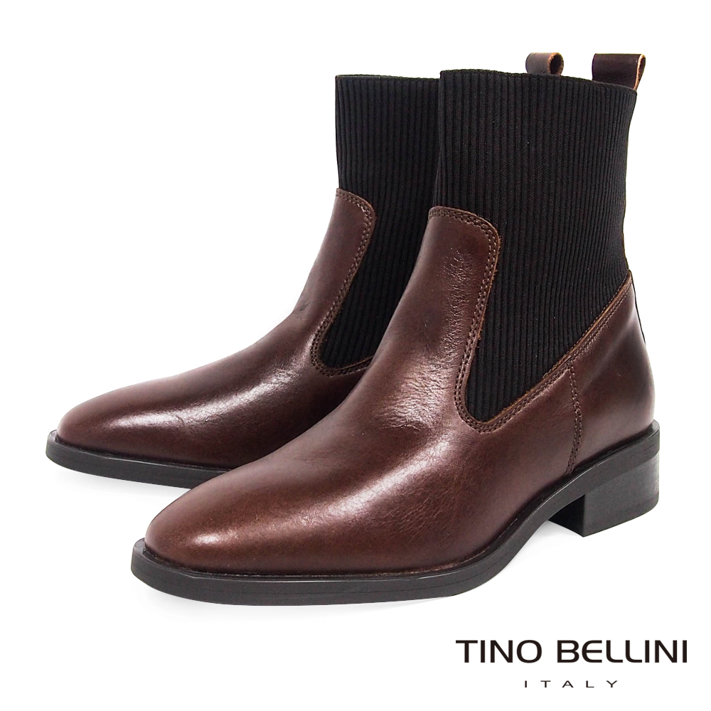 Tino Bellini 義大利進口結構拼接牛皮MIX彈力布低跟短靴 _ 咖