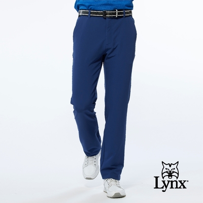 【Lynx Golf】男款潑水功能素面腰間特殊織帶造型設計平口微窄管休閒長褲-灰藍色