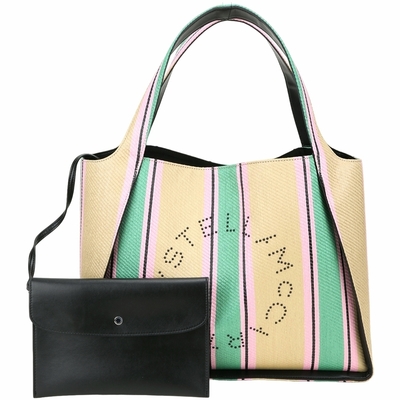 Stella McCartney 珠飾標誌撞色草編手提托特包(附萬用包/粉x綠色)