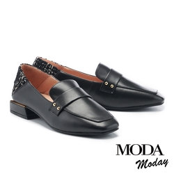 低跟鞋 MODA MODAY 復古輕奢毛呢拼接牛皮方頭樂福低跟鞋－黑