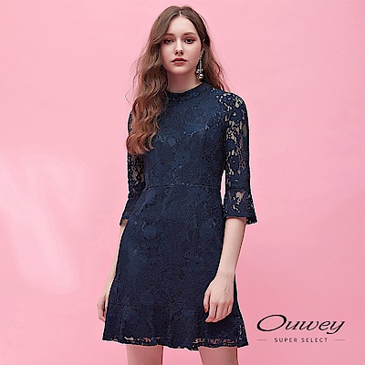 OUWEY歐薇 修身立裁微透膚小立領蕾絲洋裝(藍)