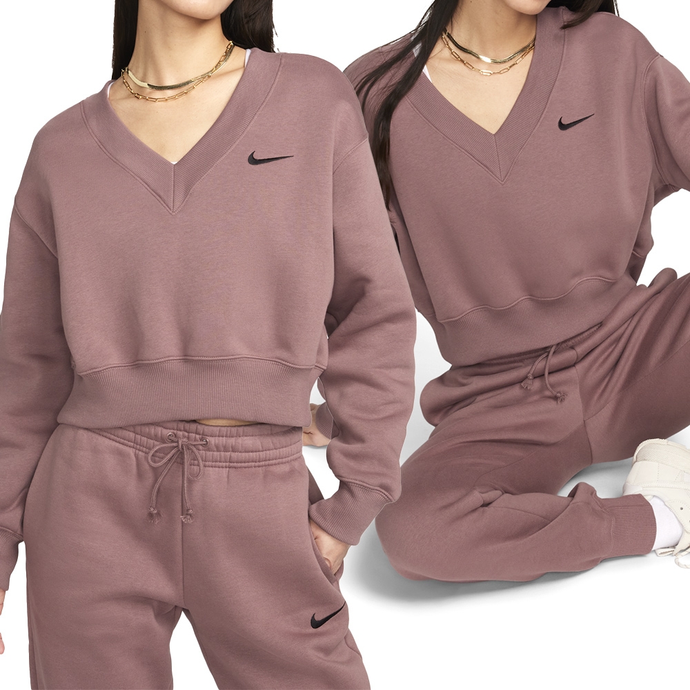 Nike As W Nsw Phnx Flc Crop Vneck 女款 燕麥色 V領 罩衫 長袖 FN3652-208