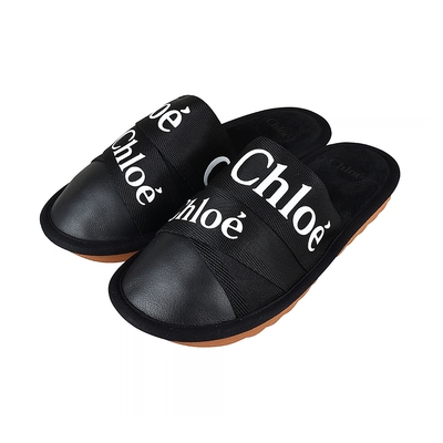 CHLOE WOODY 白字LOGO微交叉設計帆布搭配皮革拖鞋(黑/白字)