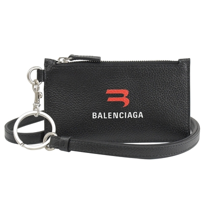 BALENCIAGA 新版英字LOGO牛皮頸掛式卡片零錢包(黑)