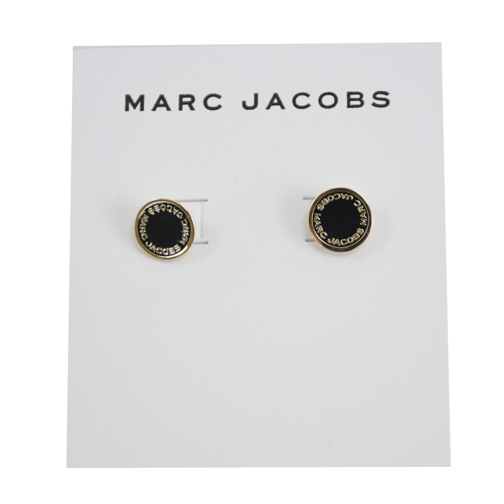 MARC JACOBS 圓牌logo淡金色耳針式耳環(黑)