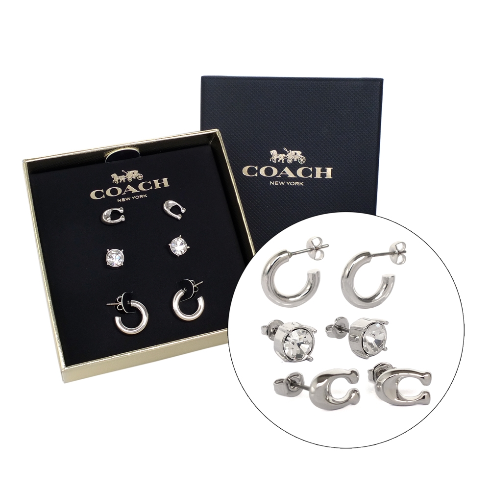 COACH銀色C字圓鑽三對針式耳環組