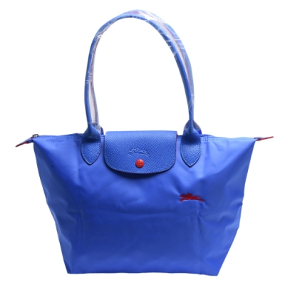 LONGCHAMP 經典LE PLIAGE系列刺繡摺疊長提把水餃手提包(小-藍紫色)