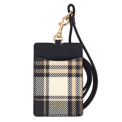 COACH 馬車燙金LOGO 經典格紋PVC防刮皮革掛式證件夾-藍黑/米白