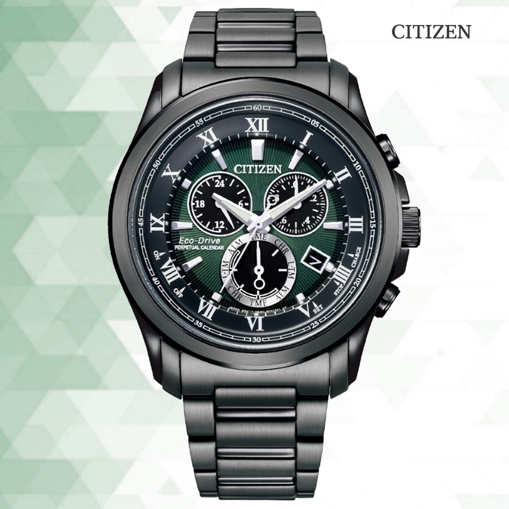 CITIZEN 星辰 GENTS 亞洲限定 光動能 碼錶計時 三眼潮男腕錶-43mm BL5547-89X 綠面