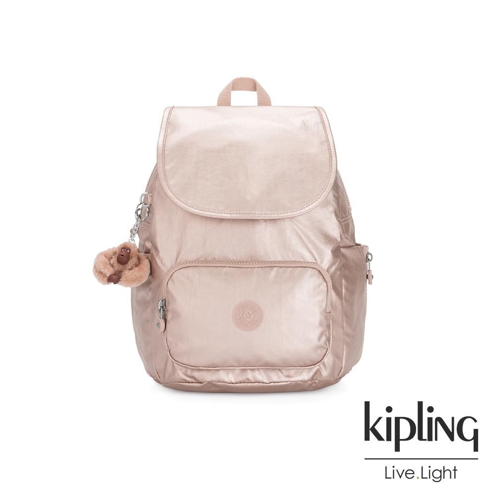 Kipling 金屬光玫瑰金翻蓋拉鍊後背包-CAYENNE S