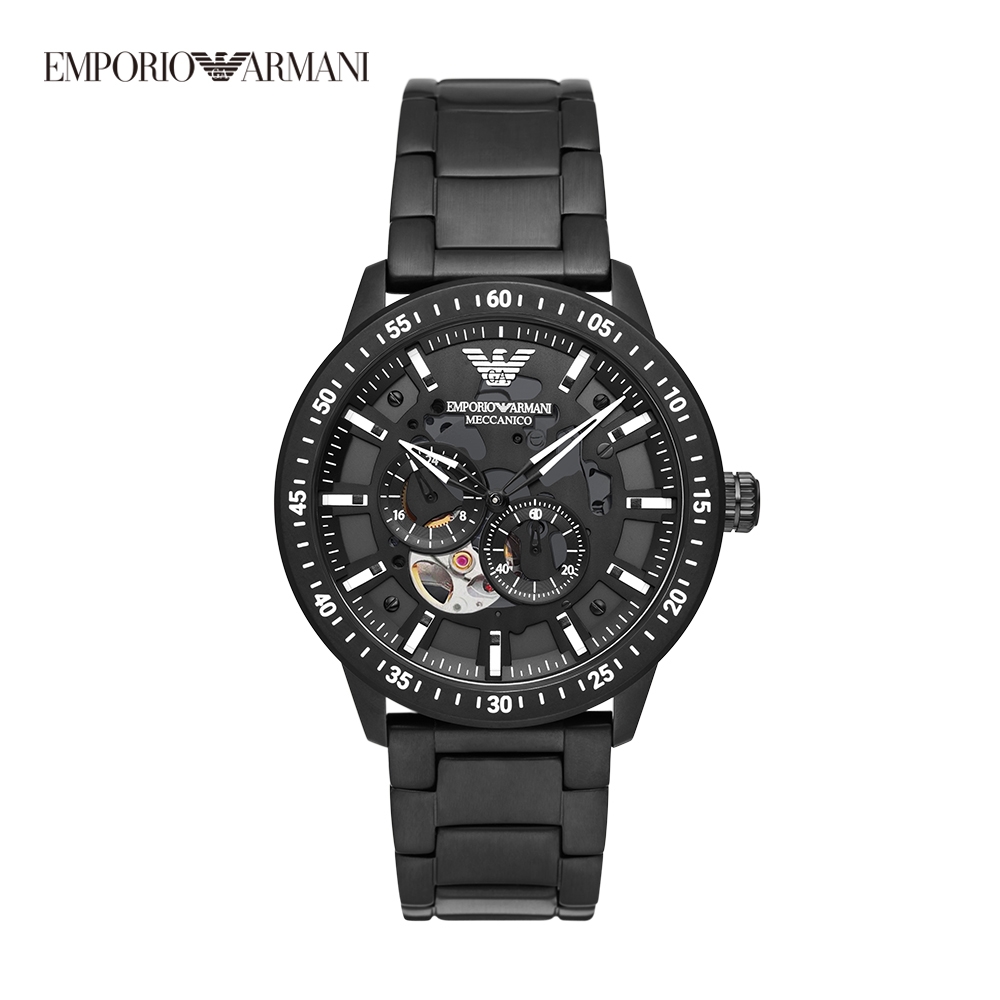 Emporio Armani Mario 沉穩實搭鏤空機械手錶 黑色不鏽鋼鍊帶 43MM AR60054