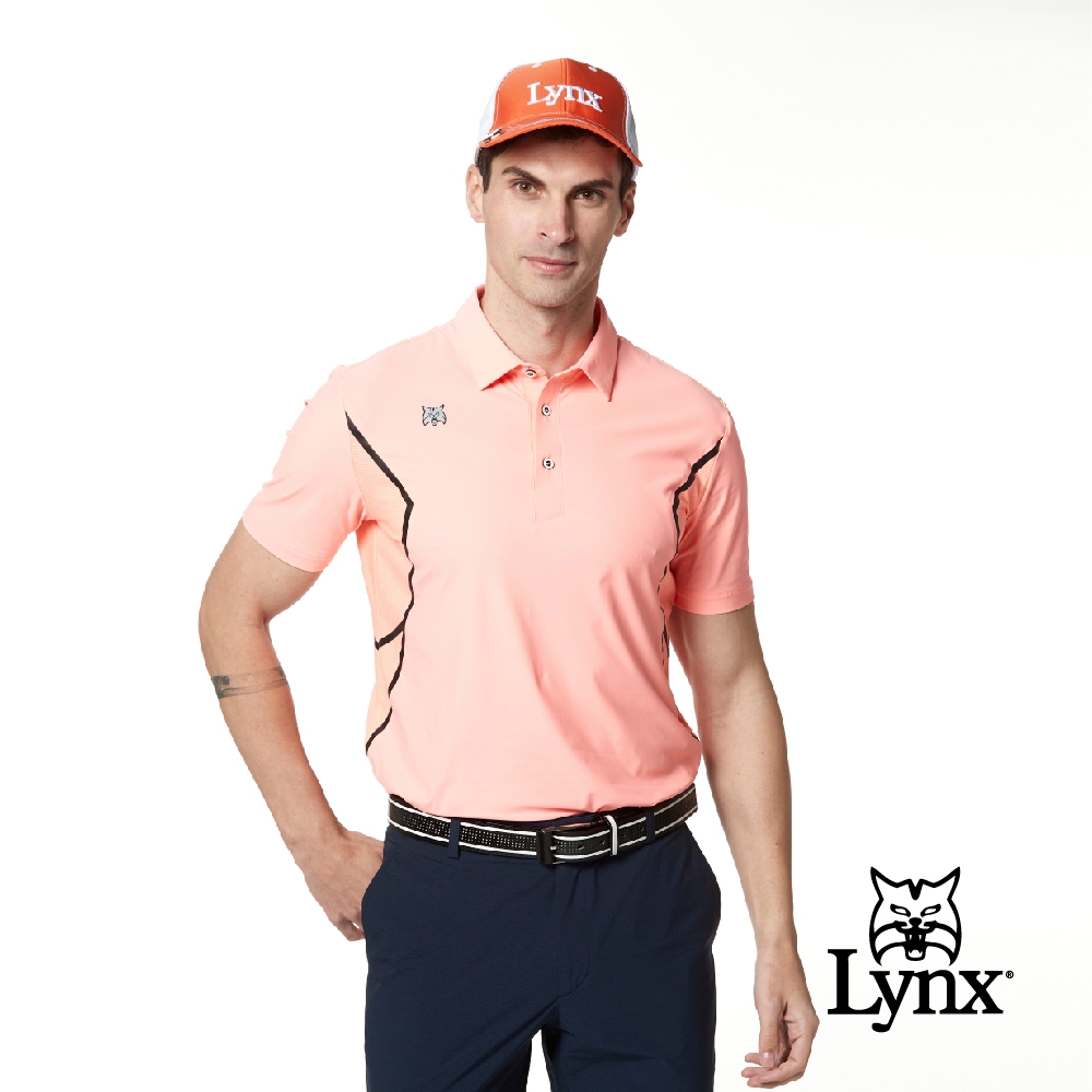 【Lynx Golf】Korea 男款山貓網布剪裁設計短袖POLO衫-珊瑚粉色