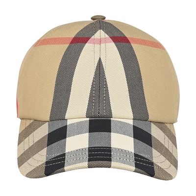Burberry刺繡英文白字LOGO帽沿格紋設計棉質棒球帽(典藏米)