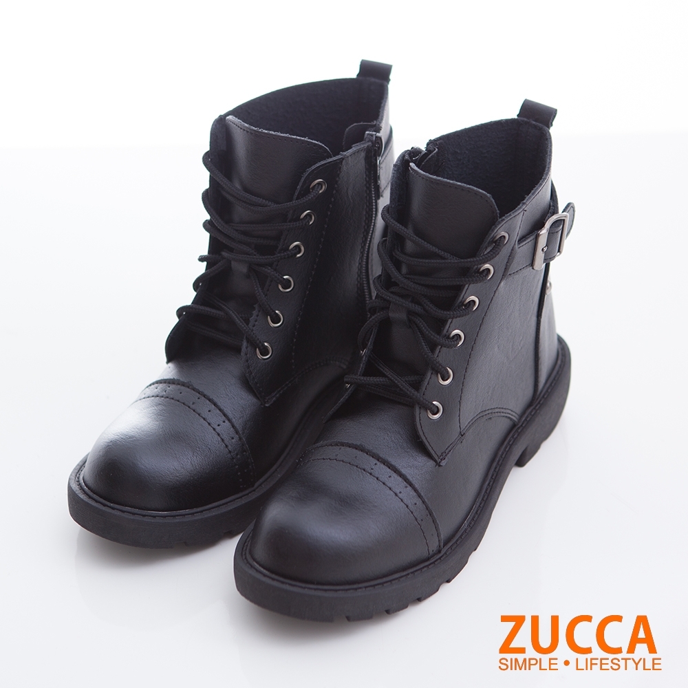 ZUCCA-率性抽繩側拉鍊軍靴-黑-z6729bk