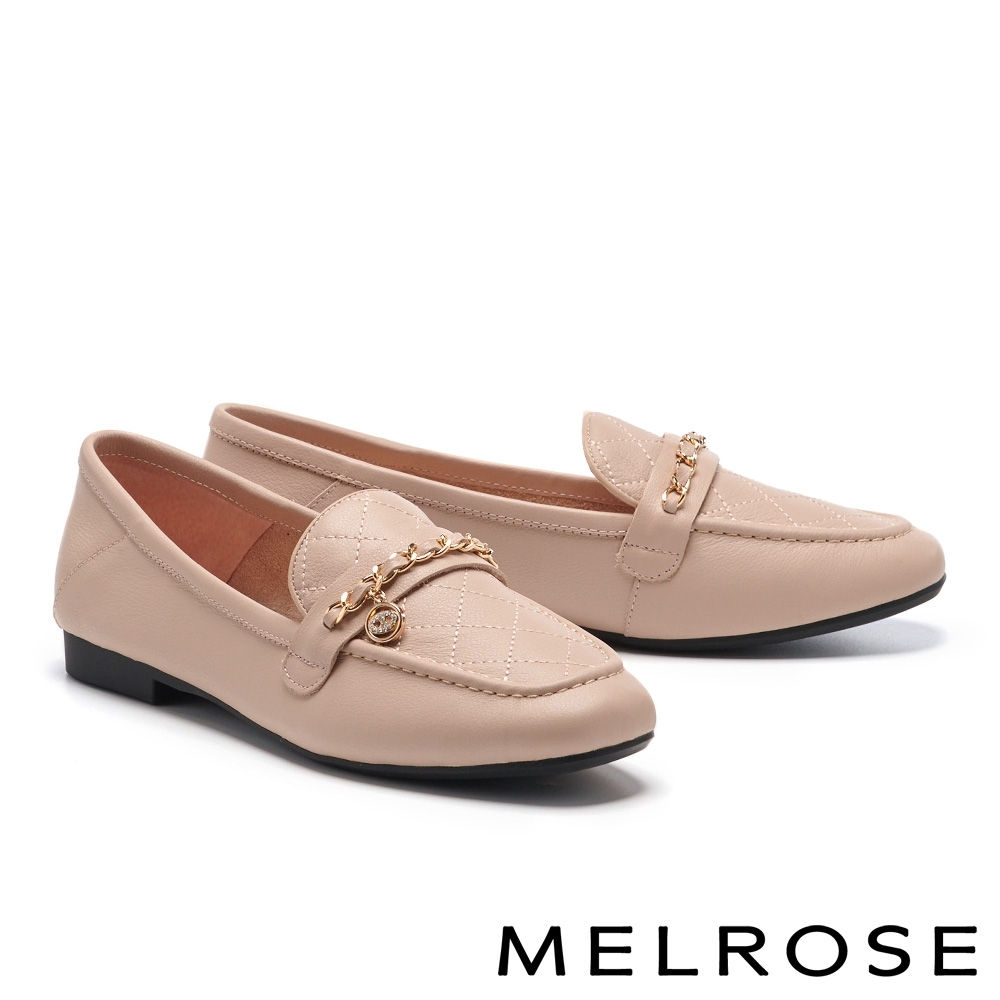 低跟鞋 MELROSE 知性時尚菱格紋牛皮微笑飾釦樂福低跟鞋－粉