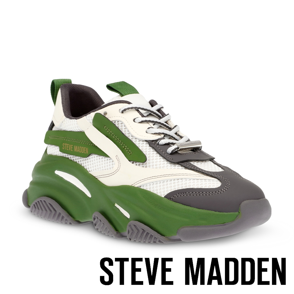 STEVE MADDEN-POSSESSION-E 拼接厚底武士老爹鞋-綠白色