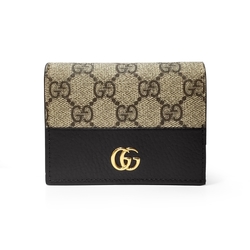 【GUCCI 古馳】658610 經典金屬雙G LOGO牛皮拚帆布暗釦萬用信用卡夾/短夾 (黑色)