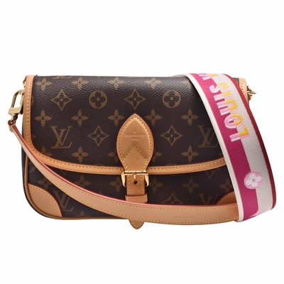 LV Louis Vuitton路易威登 M46049經典DIANE系列Monogram帆布提花寬肩帶手提/斜背包(桃紅色)