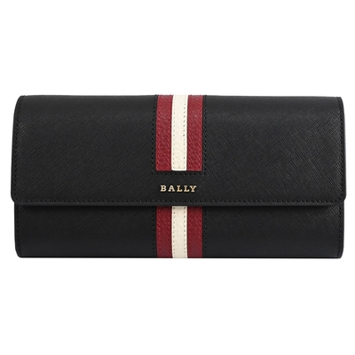 BALLY 金屬LOGO經典紅白紅條紋拼接防刮釦式長夾(黑)