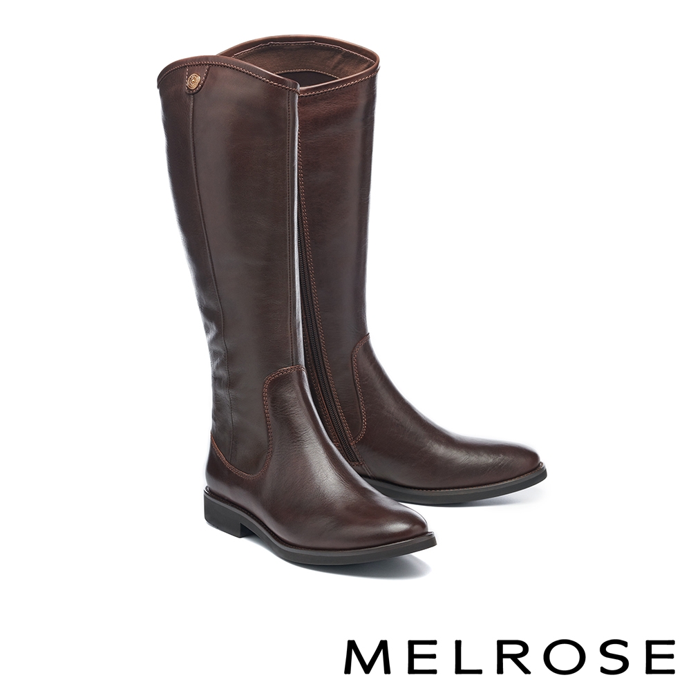 長靴 MELROSE 經典簡約純色牛皮低跟長靴－咖