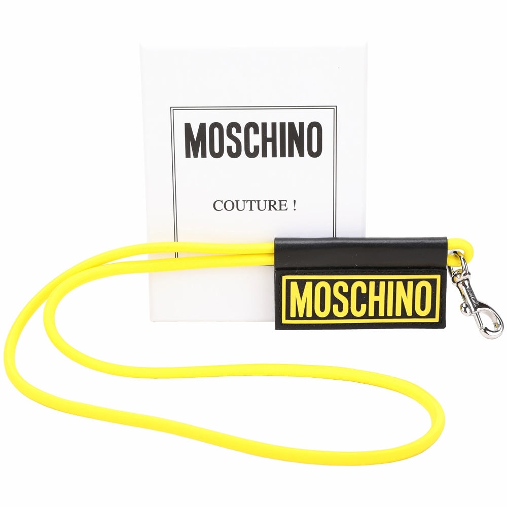 MOSCHINO 品牌矽膠字母彈性掛繩皮革牌鑰匙圈(黃色)