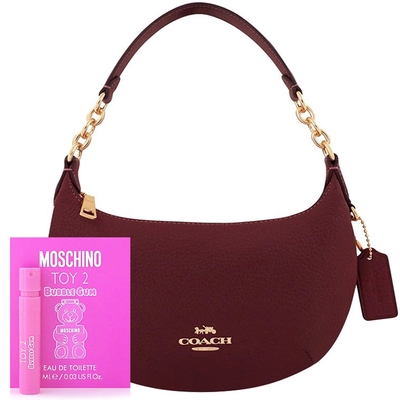 COACH 酒紅色荔枝紋皮革小型彎月手提/肩背包+MOSCHINO 品牌經典隨身小香水