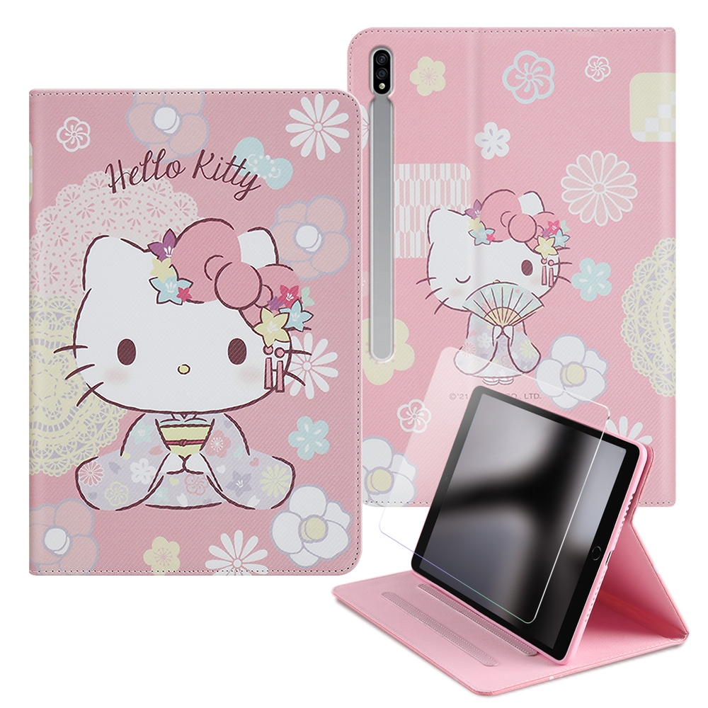 Hello Kitty 凱蒂貓 Samsung Galaxy Tab S7 T870 和服精巧款平板保護皮套+9H玻璃貼