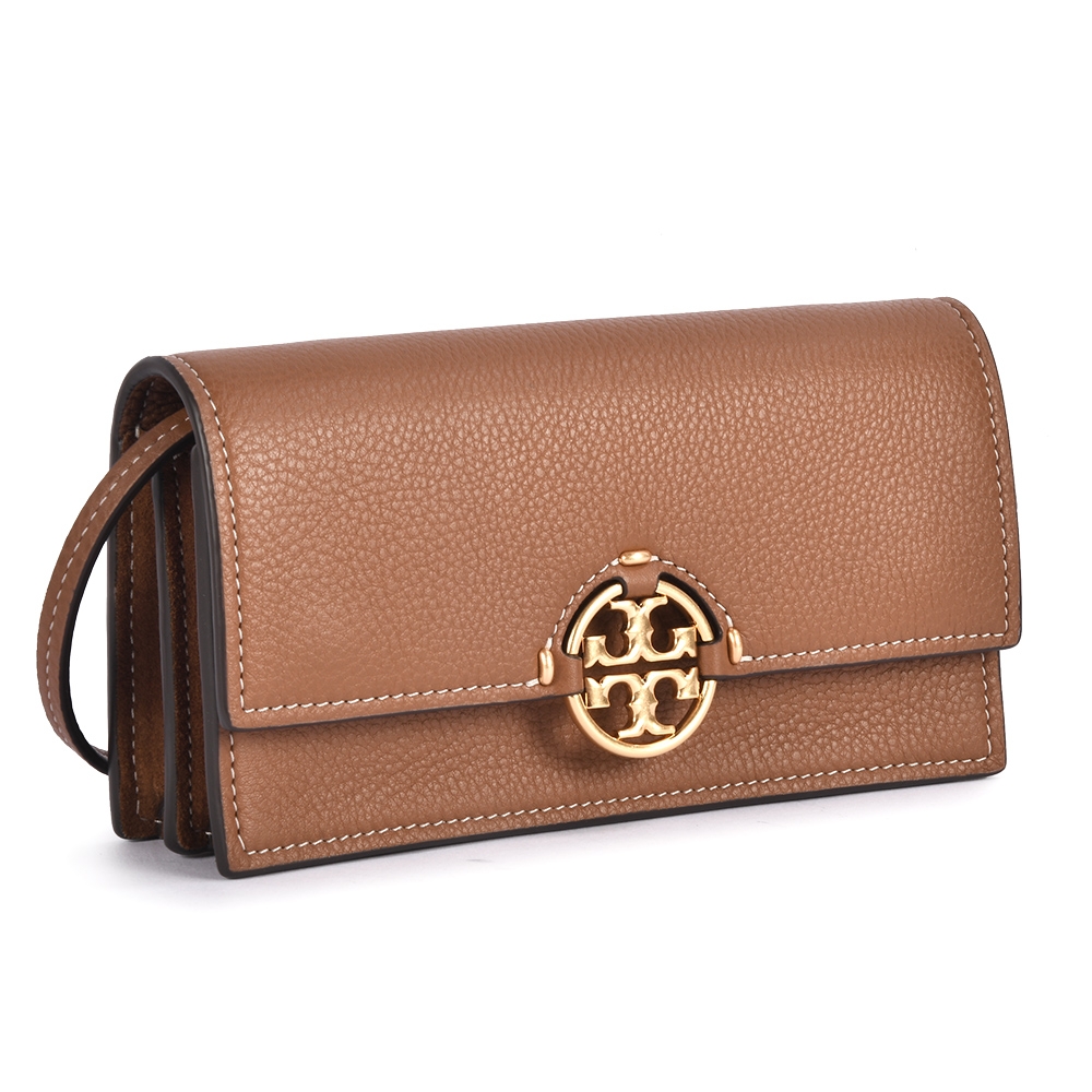 TORY BURCH MILLER 鏤空LOGO荔枝紋牛皮翻蓋斜背包-淺棕色| 斜背包/ 鍊