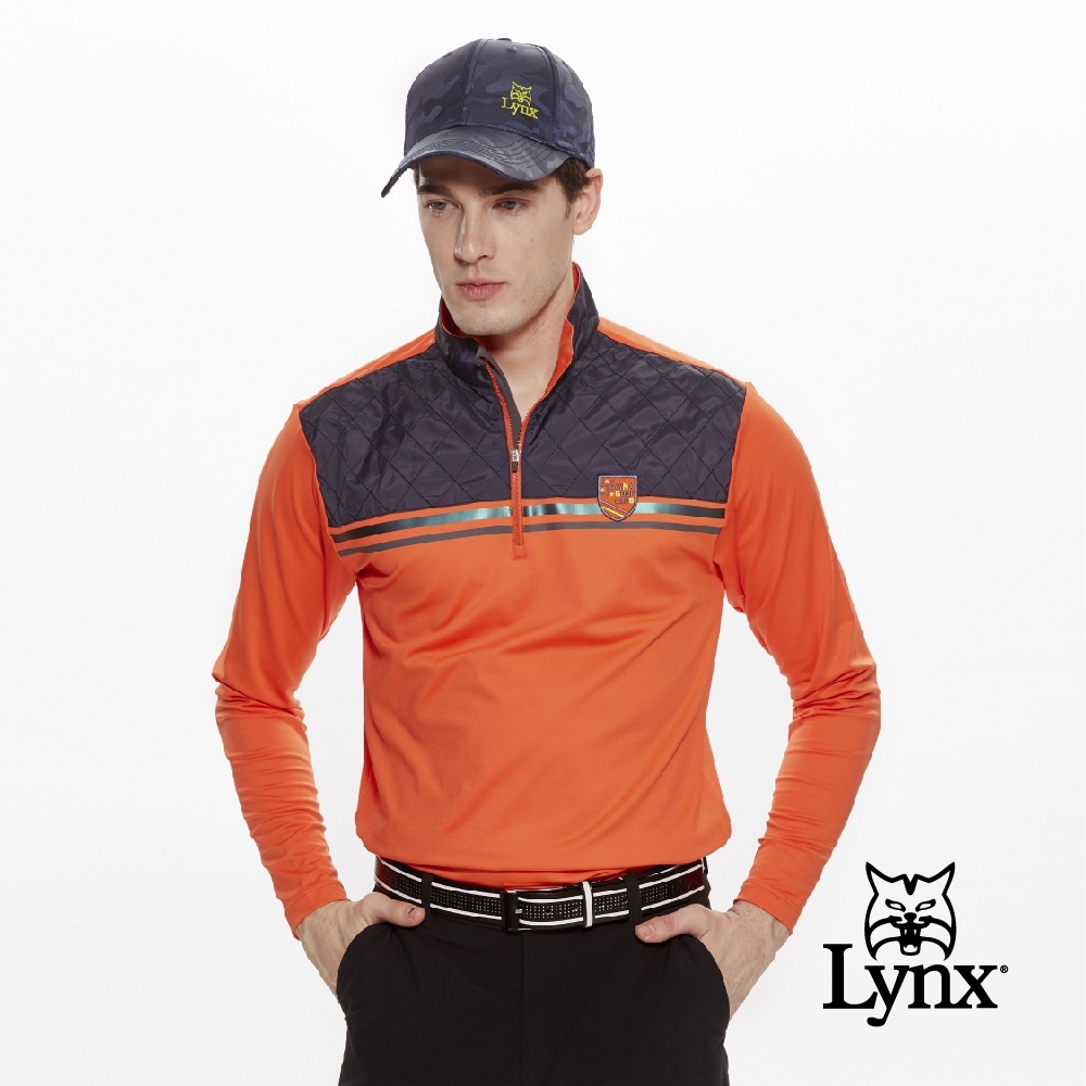 【Lynx Golf】男款異材質拼接反光貼條長袖立領POLO衫-橘色