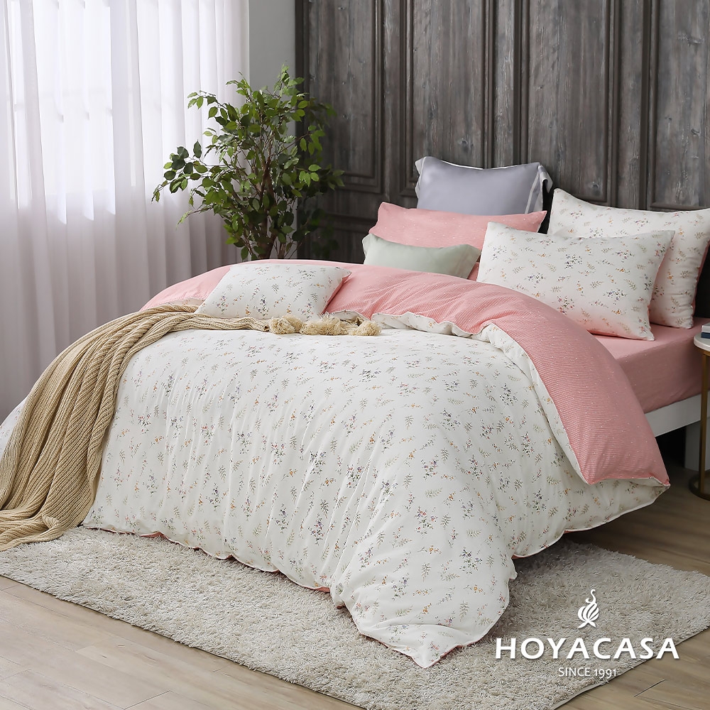 HOYACASA 100%精梳棉雙人兩用被四件式床包組-恬靜花語(天絲入棉30%)