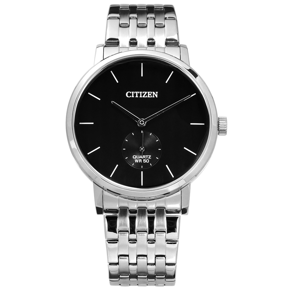 CITIZEN 星辰表 日本機芯礦石強化玻璃不鏽鋼手錶-黑色/39mm