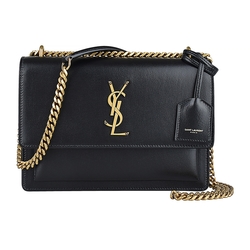 YSL SAINT LAURENT SUNSET 金屬LOGO牛皮翻蓋釦式鏈帶肩背斜背包(黑)