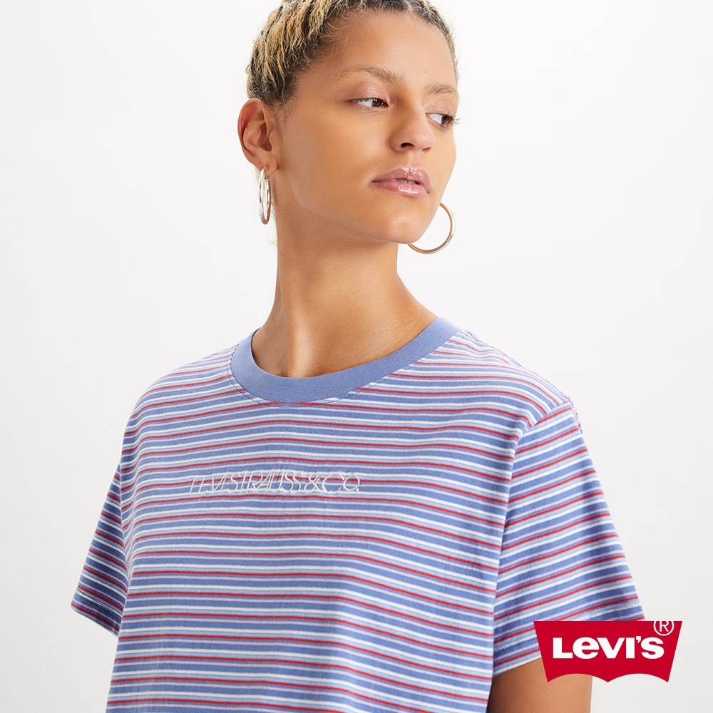 Levis 女款 短袖學院T恤 中短版方正寬袖版型 香芋色條紋 刺繡線形Logo