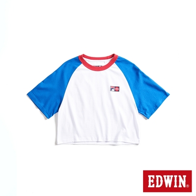 EDWIN x FILA聯名 經典主義拉克蘭袖拼接色短袖T恤-女款-藍色