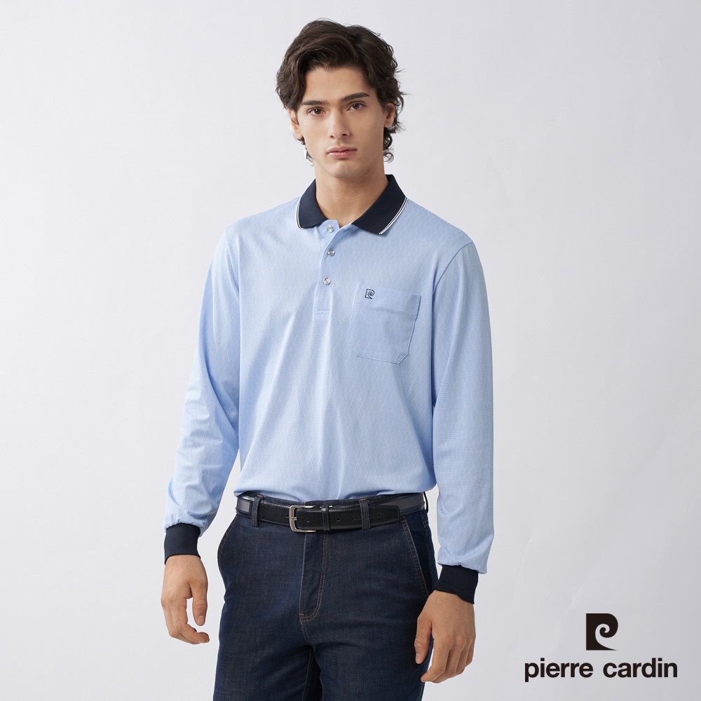 Pierre Cardin皮爾卡登 男款 吸濕排汗菱形細條紋薄長袖POLO衫-水藍色 (7235265-32)