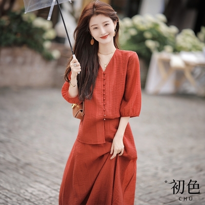 初色 清涼感棉麻風V領七分短袖喇叭袖襯衫上衣+高腰後鬆緊腰半身裙中長裙洋裝-紅色-69756(M-XL可選)