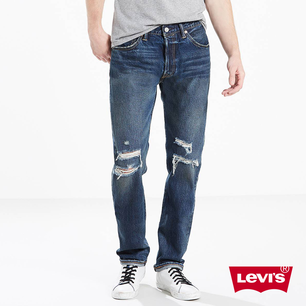 Levis 男款 排扣直筒牛仔長褲/ 磨損破壞