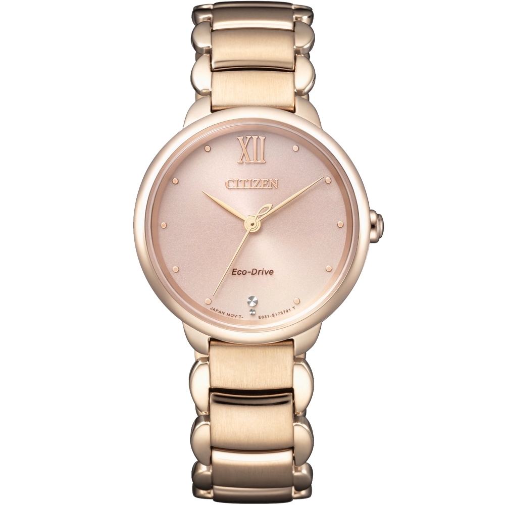 CITIZEN 星辰錶 L 系列 光動能時尚腕錶(EM0922-81X)-28mm-粉紅金面全玫瑰金鋼帶