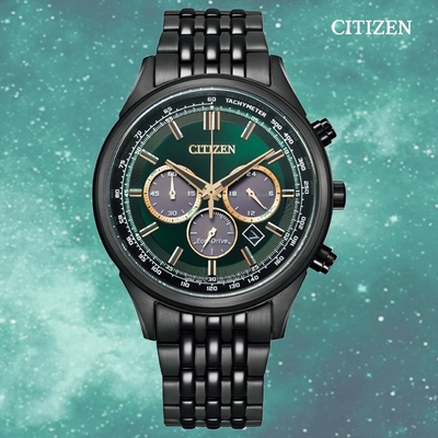 CITIZEN 星辰 Chronograph 光動能 碼錶計時 三眼不鏽鋼腕錶-41.7mm CA4418-82X 黑綠