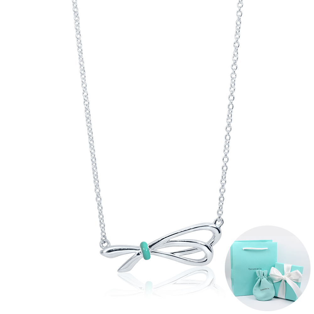 Tiffany&Co. TIFFANY BOW蝴蝶結藍色琺瑯造型純銀項鍊